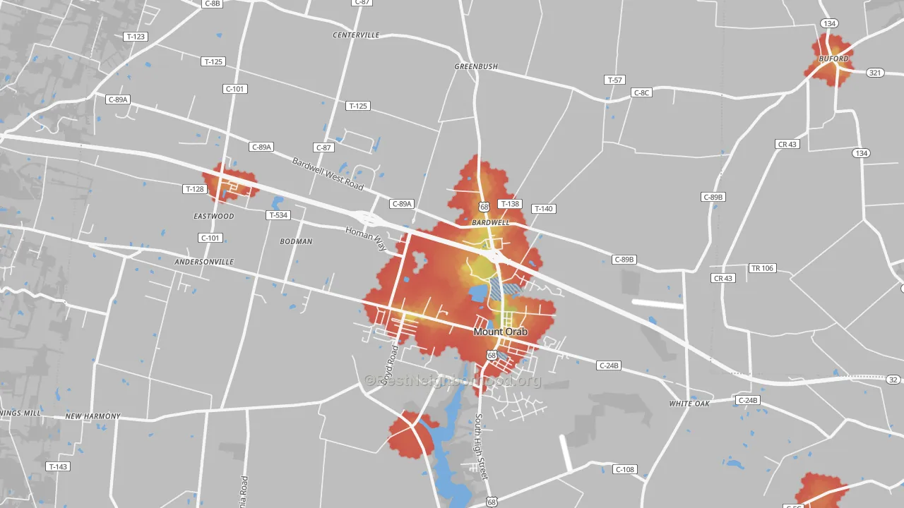 Walk Grade map of 45154, OH, walkable areas in green and car-dependent areas in red