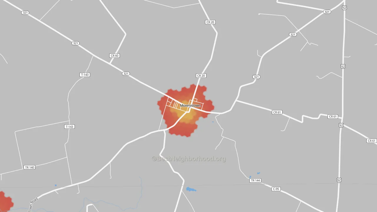 Walk Grade map of 45155, OH, walkable areas in green and car-dependent areas in red