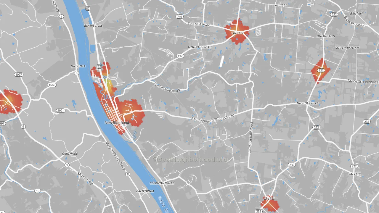 Walk Grade map of 45157, OH, walkable areas in green and car-dependent areas in red