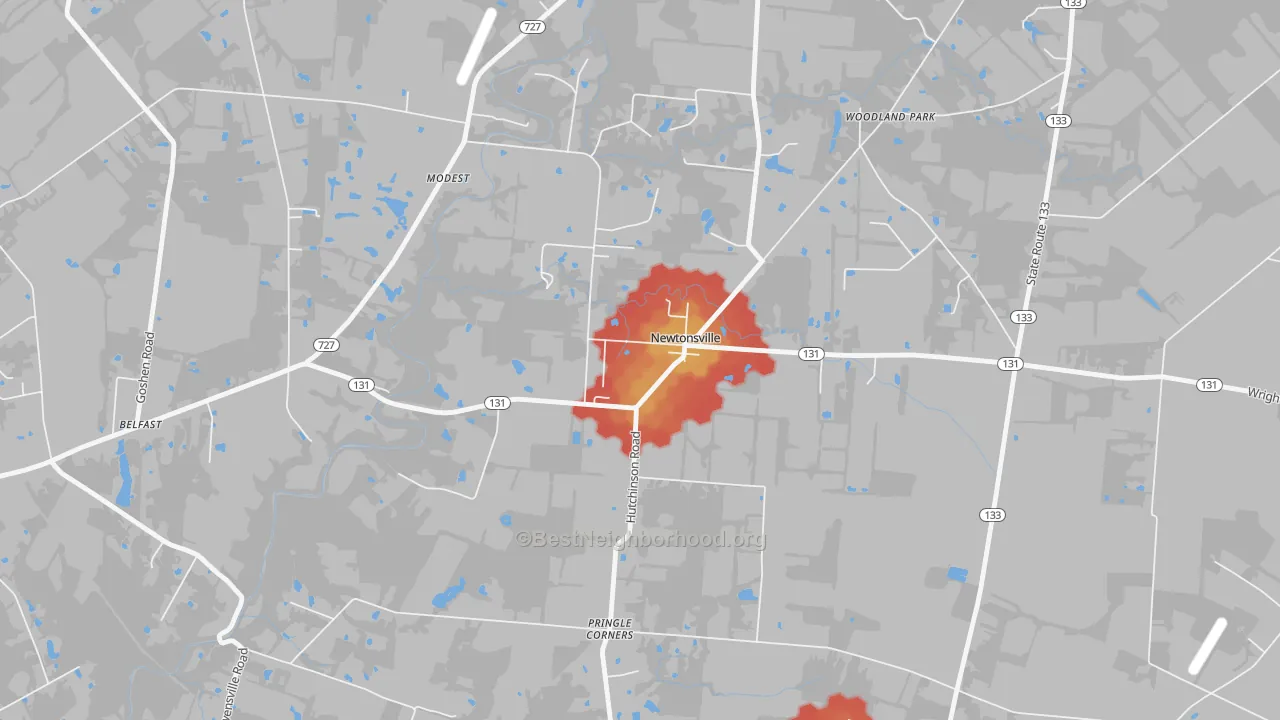 Walk Grade map of 45158, OH, walkable areas in green and car-dependent areas in red