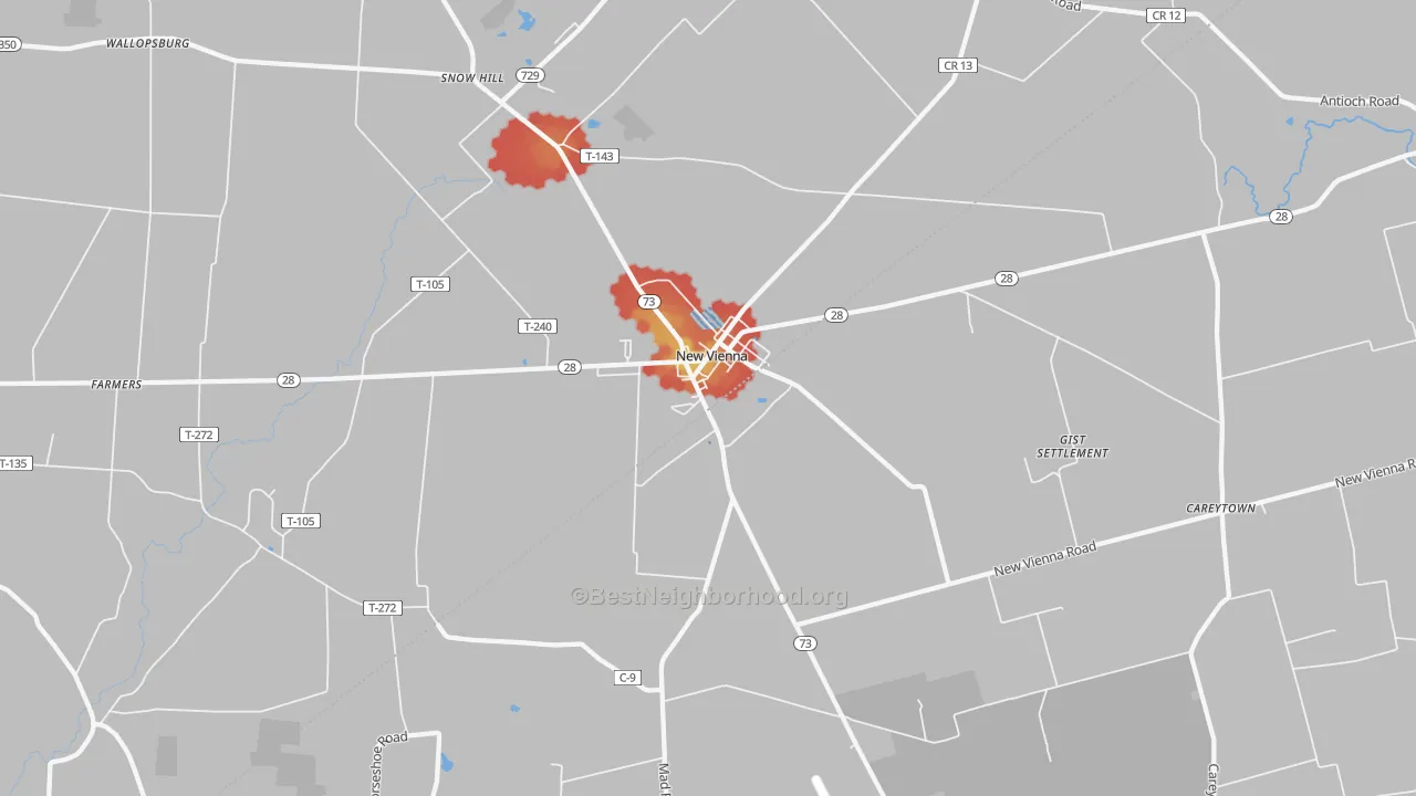 Walk Grade map of 45159, OH, walkable areas in green and car-dependent areas in red