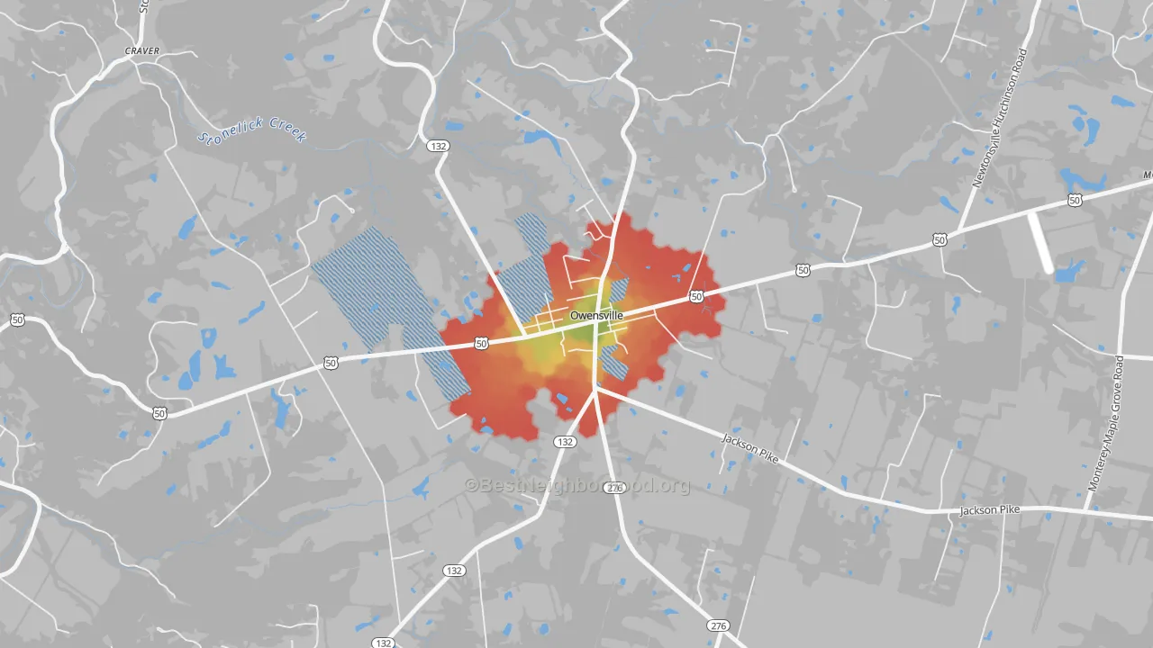 Walk Grade map of 45160, OH, walkable areas in green and car-dependent areas in red