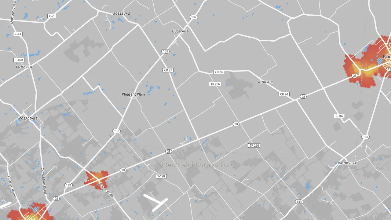 Walk Grade map of 45162, OH, walkable areas in green and car-dependent areas in red
