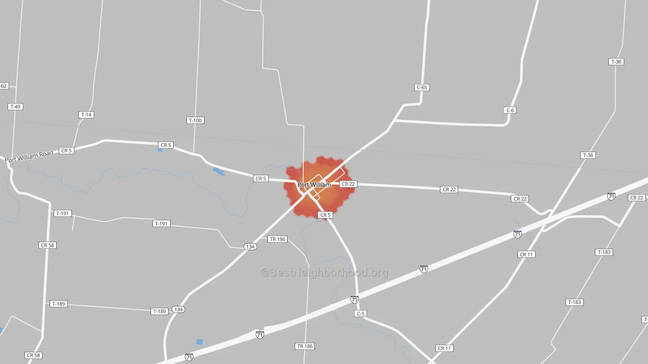 Walk Grade map of 45164, OH, walkable areas in green and car-dependent areas in red