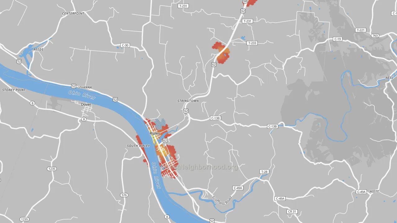 Walk Grade map of 45167, OH, walkable areas in green and car-dependent areas in red