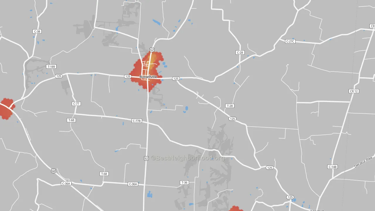 Walk Grade map of 45168, OH, walkable areas in green and car-dependent areas in red