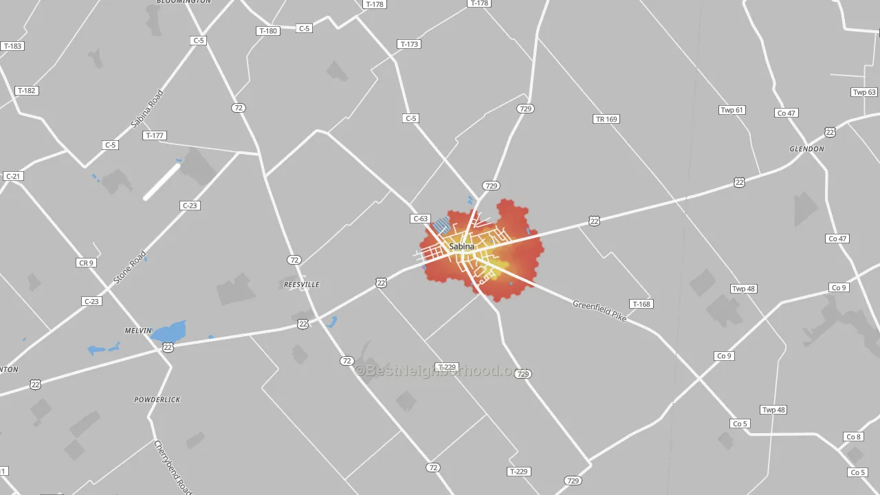 Walk Grade map of 45169, OH, walkable areas in green and car-dependent areas in red