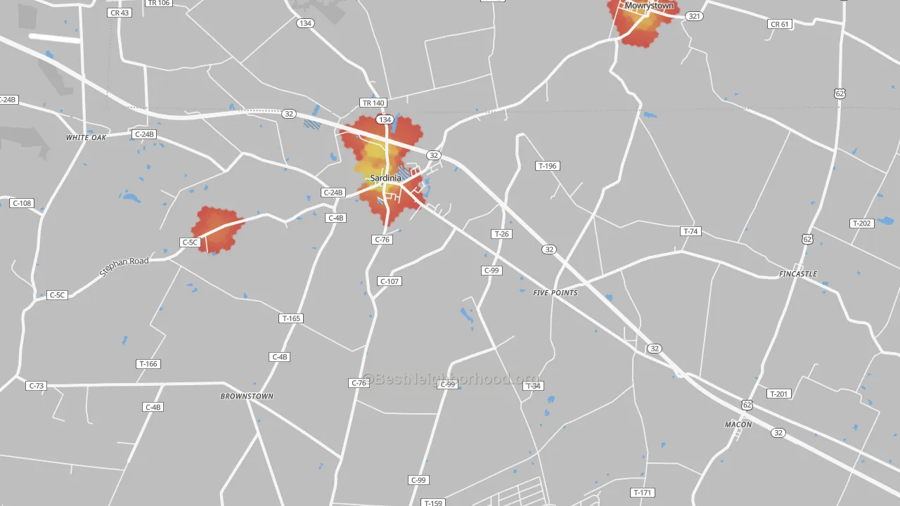Walk Grade map of 45171, OH, walkable areas in green and car-dependent areas in red