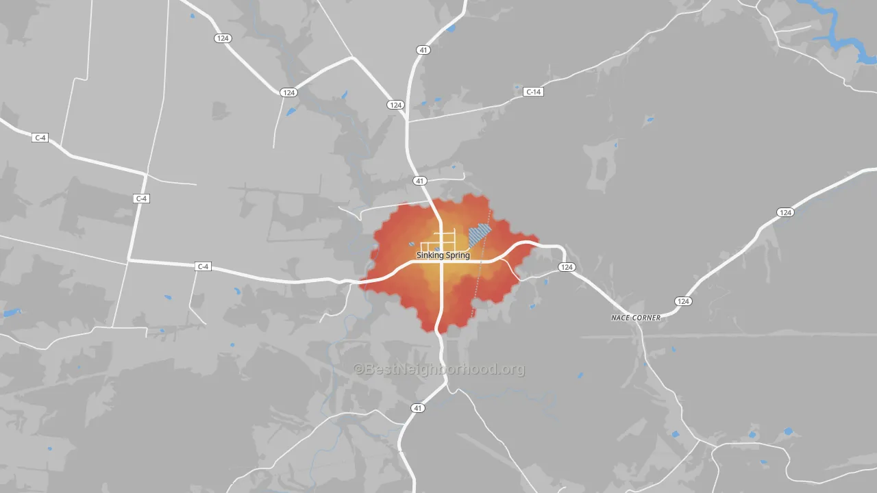 Walk Grade map of 45172, OH, walkable areas in green and car-dependent areas in red