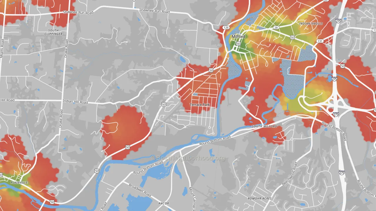 Walk Grade map of 45174, OH, walkable areas in green and car-dependent areas in red