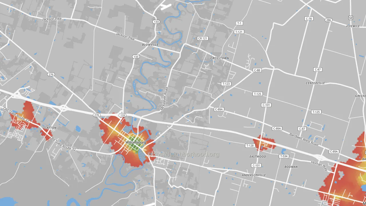 Walk Grade map of 45176, OH, walkable areas in green and car-dependent areas in red