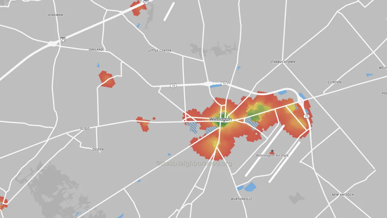 Walk Grade map of 45177, OH, walkable areas in green and car-dependent areas in red