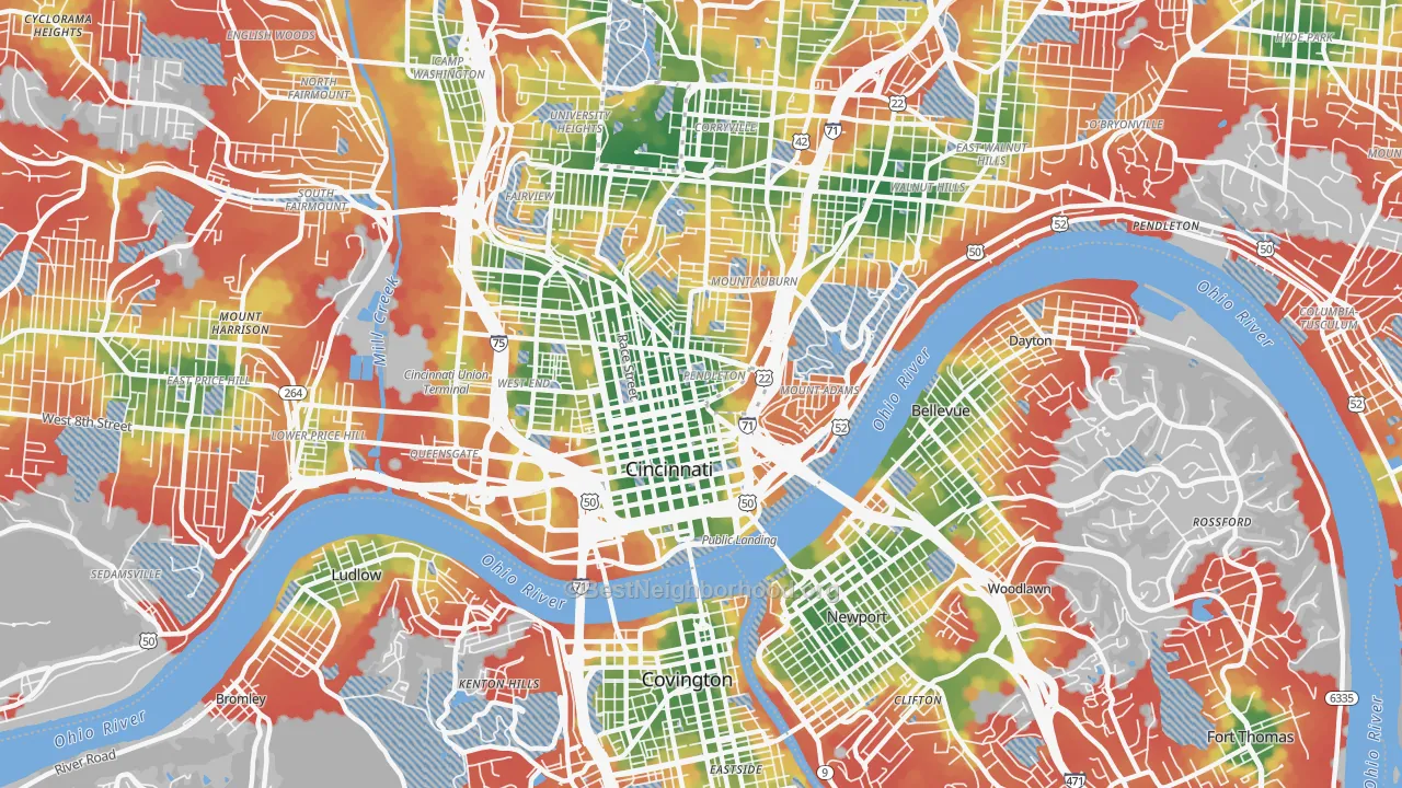 Walk Grade map of 45202, OH, walkable areas in green and car-dependent areas in red