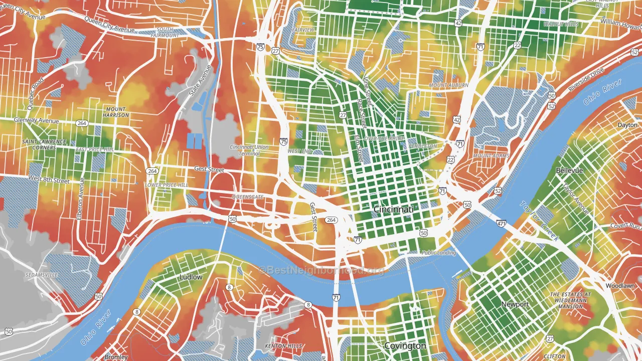 Walk Grade map of 45203, OH, walkable areas in green and car-dependent areas in red
