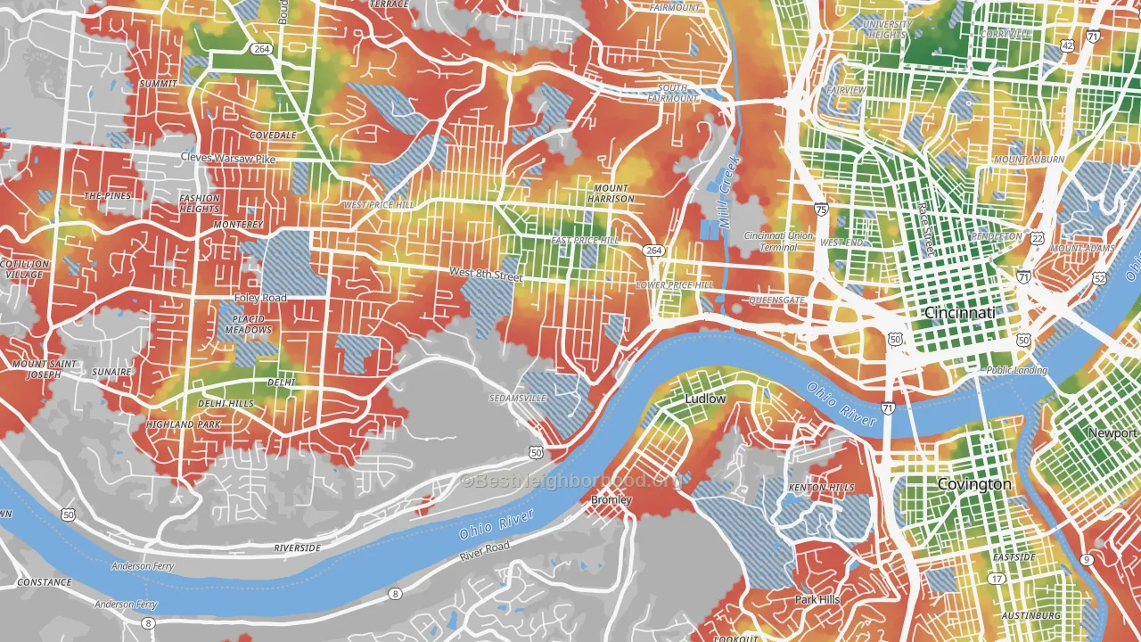 Walk Grade map of 45204, OH, walkable areas in green and car-dependent areas in red