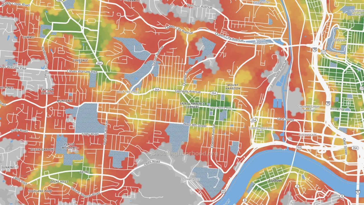Walk Grade map of 45205, OH, walkable areas in green and car-dependent areas in red