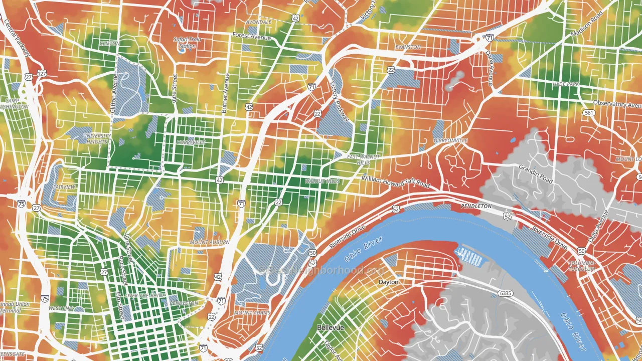 Walk Grade map of 45206, OH, walkable areas in green and car-dependent areas in red