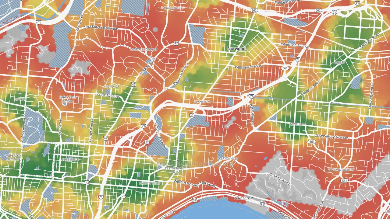 Walk Grade map of 45207, OH, walkable areas in green and car-dependent areas in red