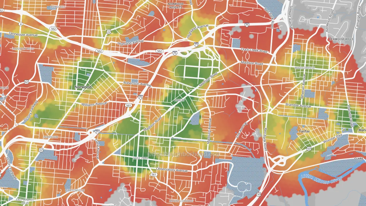 Walk Grade map of 45209, OH, walkable areas in green and car-dependent areas in red