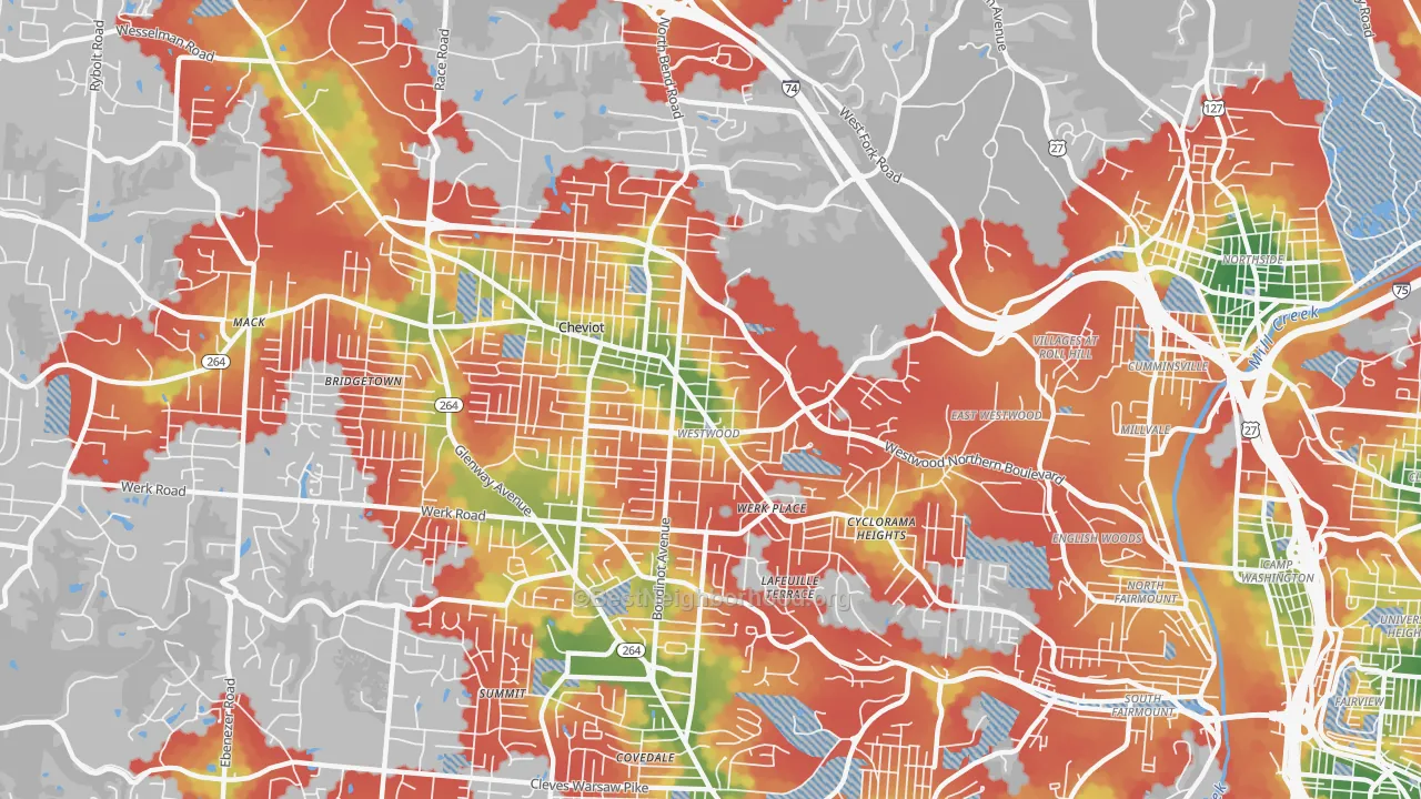 Walk Grade map of 45211, OH, walkable areas in green and car-dependent areas in red