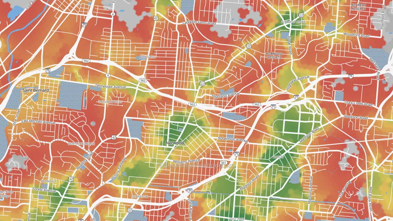 Walk Grade map of 45212, OH, walkable areas in green and car-dependent areas in red