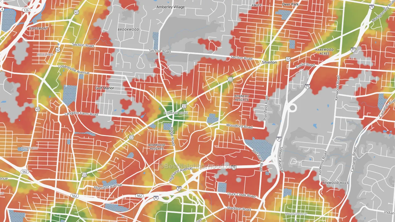 Walk Grade map of 45213, OH, walkable areas in green and car-dependent areas in red
