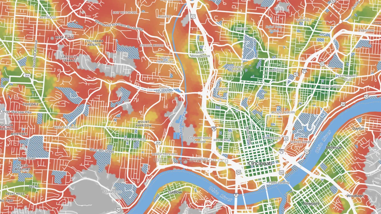 Walk Grade map of 45214, OH, walkable areas in green and car-dependent areas in red
