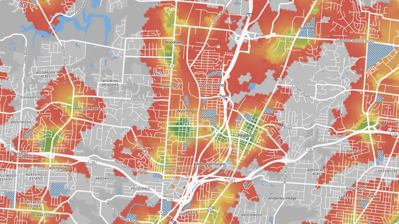 Walk Grade map of 45215, OH, walkable areas in green and car-dependent areas in red