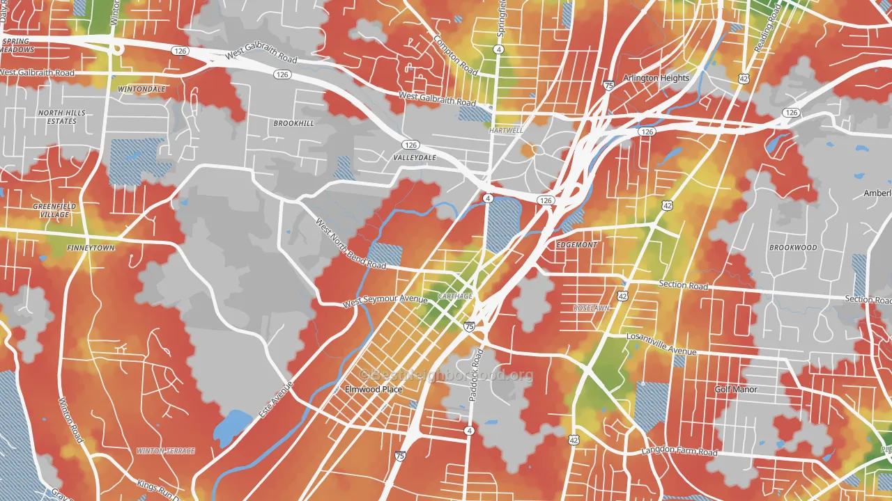 Walk Grade map of 45216, OH, walkable areas in green and car-dependent areas in red