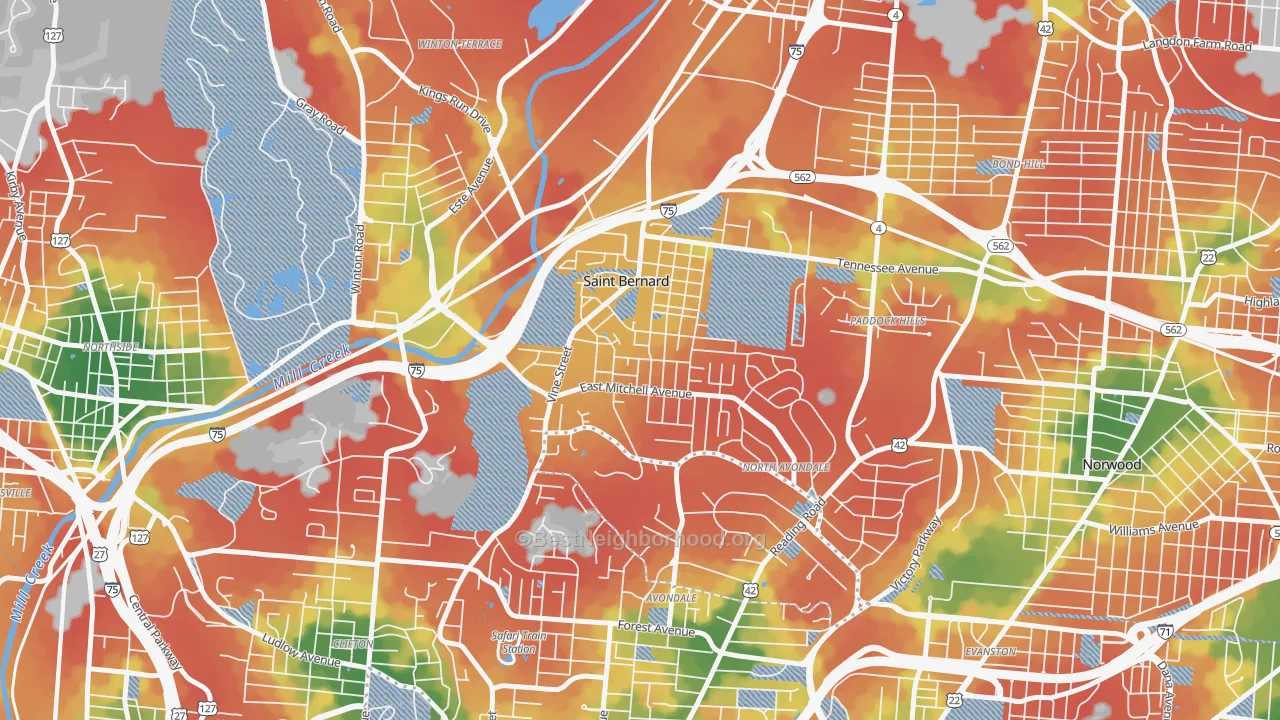 Walk Grade map of 45217, OH, walkable areas in green and car-dependent areas in red