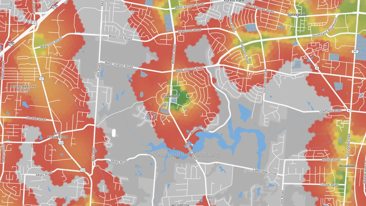 Walk Grade map of 45218, OH, walkable areas in green and car-dependent areas in red