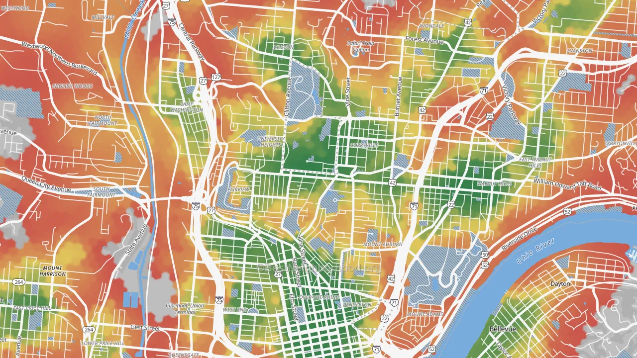 Walk Grade map of 45219, OH, walkable areas in green and car-dependent areas in red