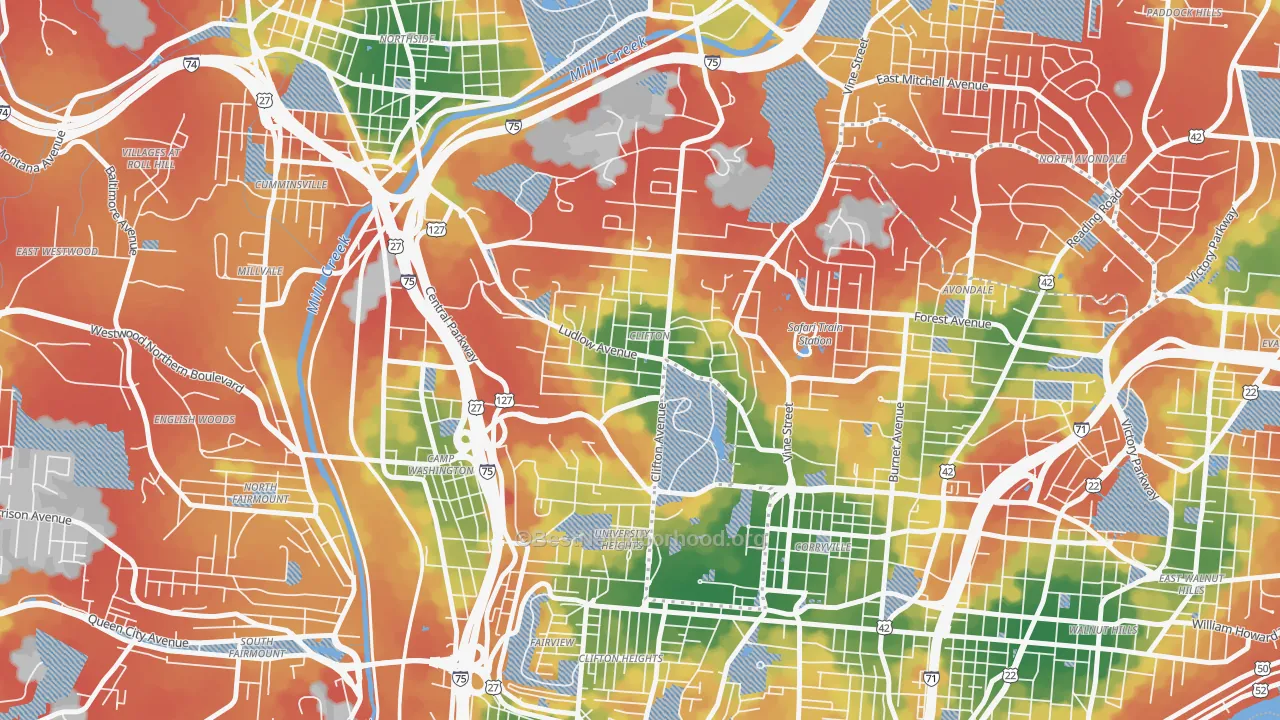 Walk Grade map of 45220, OH, walkable areas in green and car-dependent areas in red