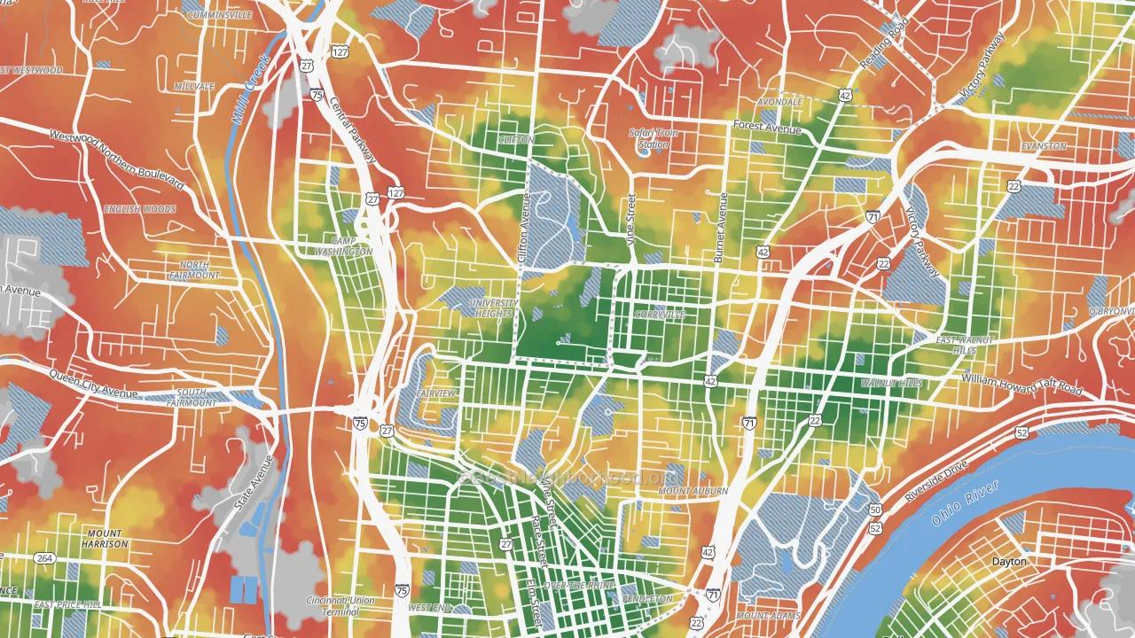Walk Grade map of 45221, OH, walkable areas in green and car-dependent areas in red