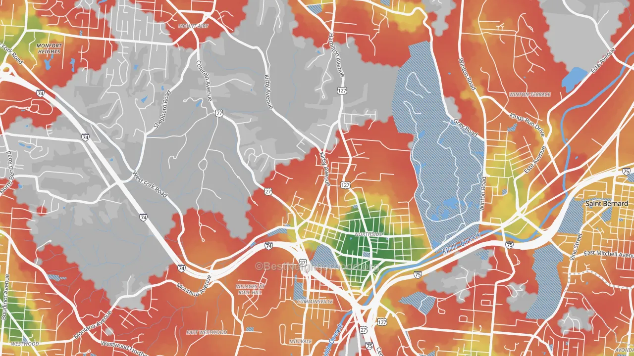 Walk Grade map of 45223, OH, walkable areas in green and car-dependent areas in red