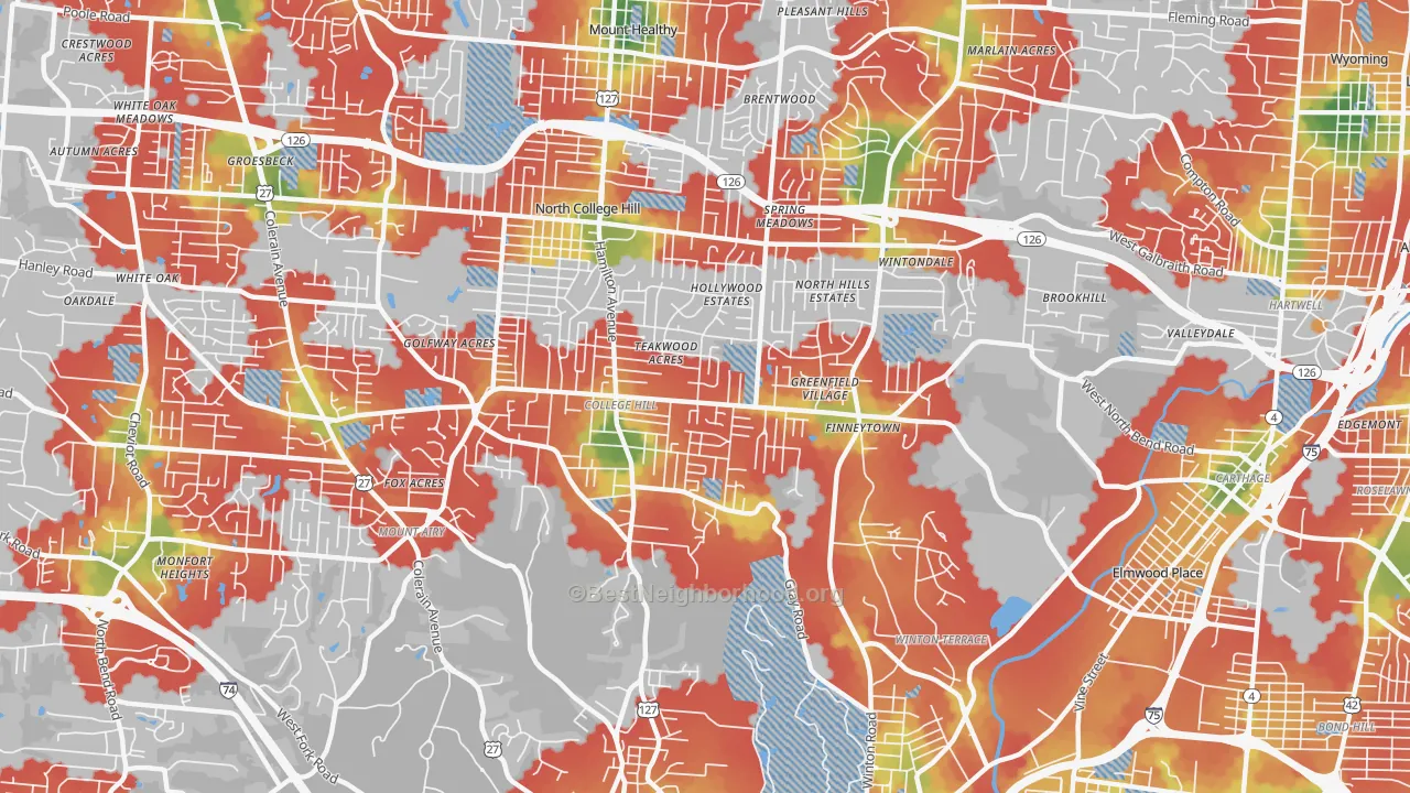 Walk Grade map of 45224, OH, walkable areas in green and car-dependent areas in red