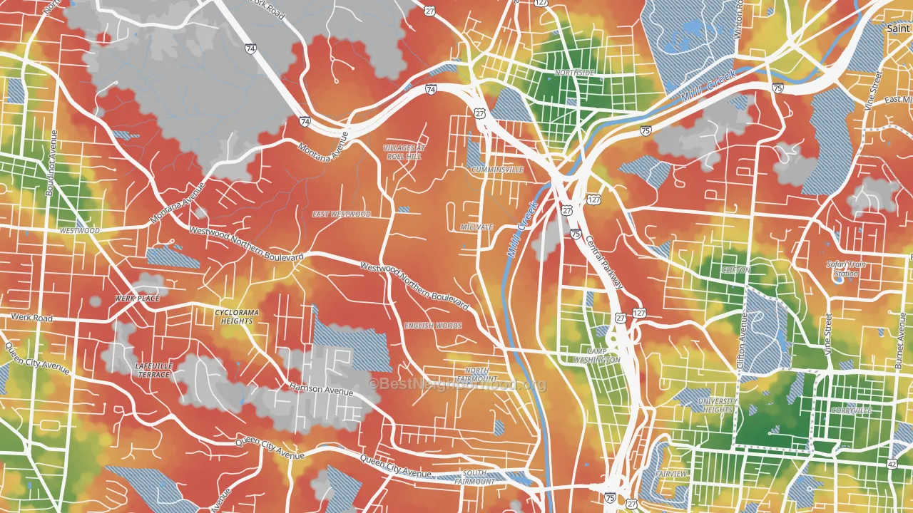Walk Grade map of 45225, OH, walkable areas in green and car-dependent areas in red