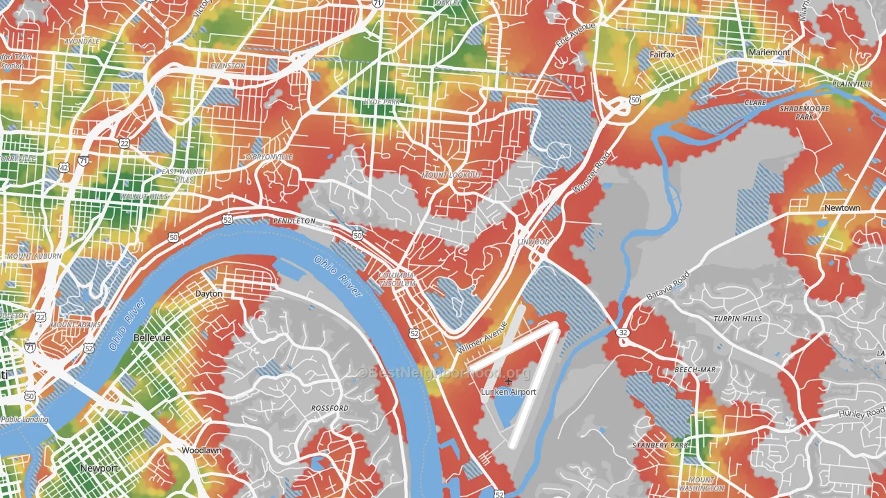 Walk Grade map of 45226, OH, walkable areas in green and car-dependent areas in red