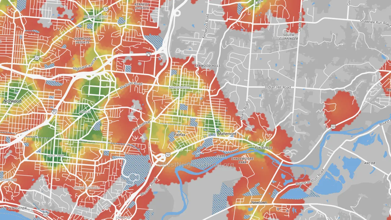 Walk Grade map of 45227, OH, walkable areas in green and car-dependent areas in red