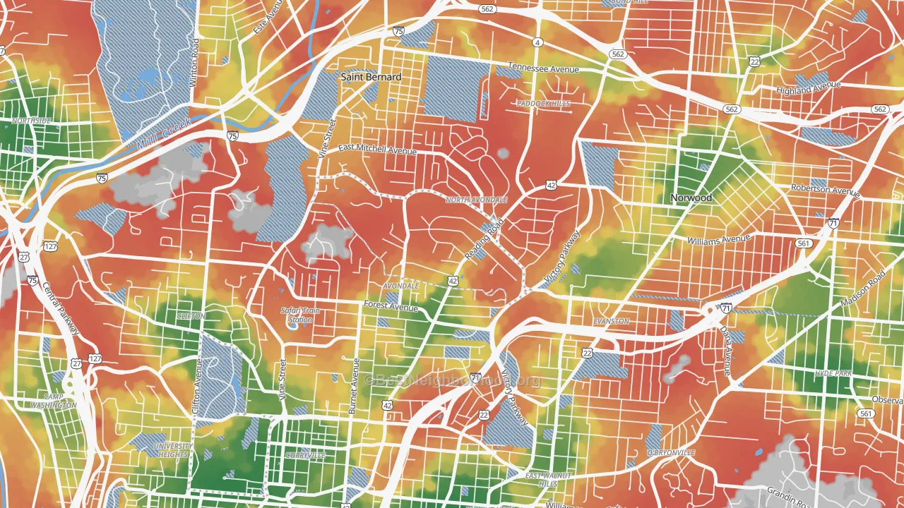 Walk Grade map of 45229, OH, walkable areas in green and car-dependent areas in red