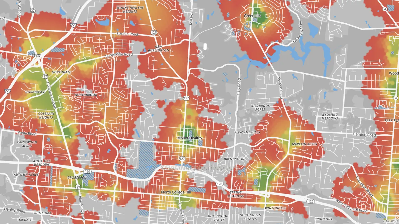 Walk Grade map of 45231, OH, walkable areas in green and car-dependent areas in red
