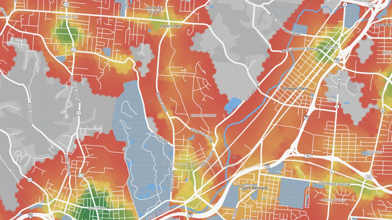 Walk Grade map of 45232, OH, walkable areas in green and car-dependent areas in red