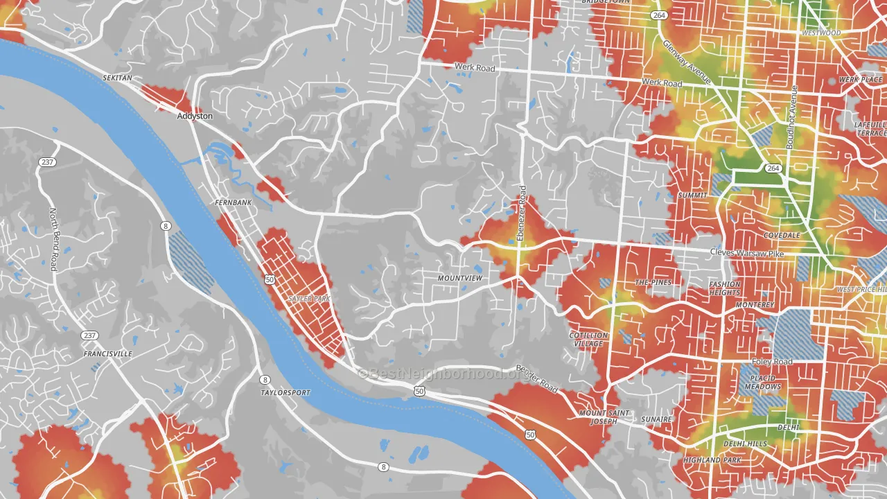 Walk Grade map of 45233, OH, walkable areas in green and car-dependent areas in red