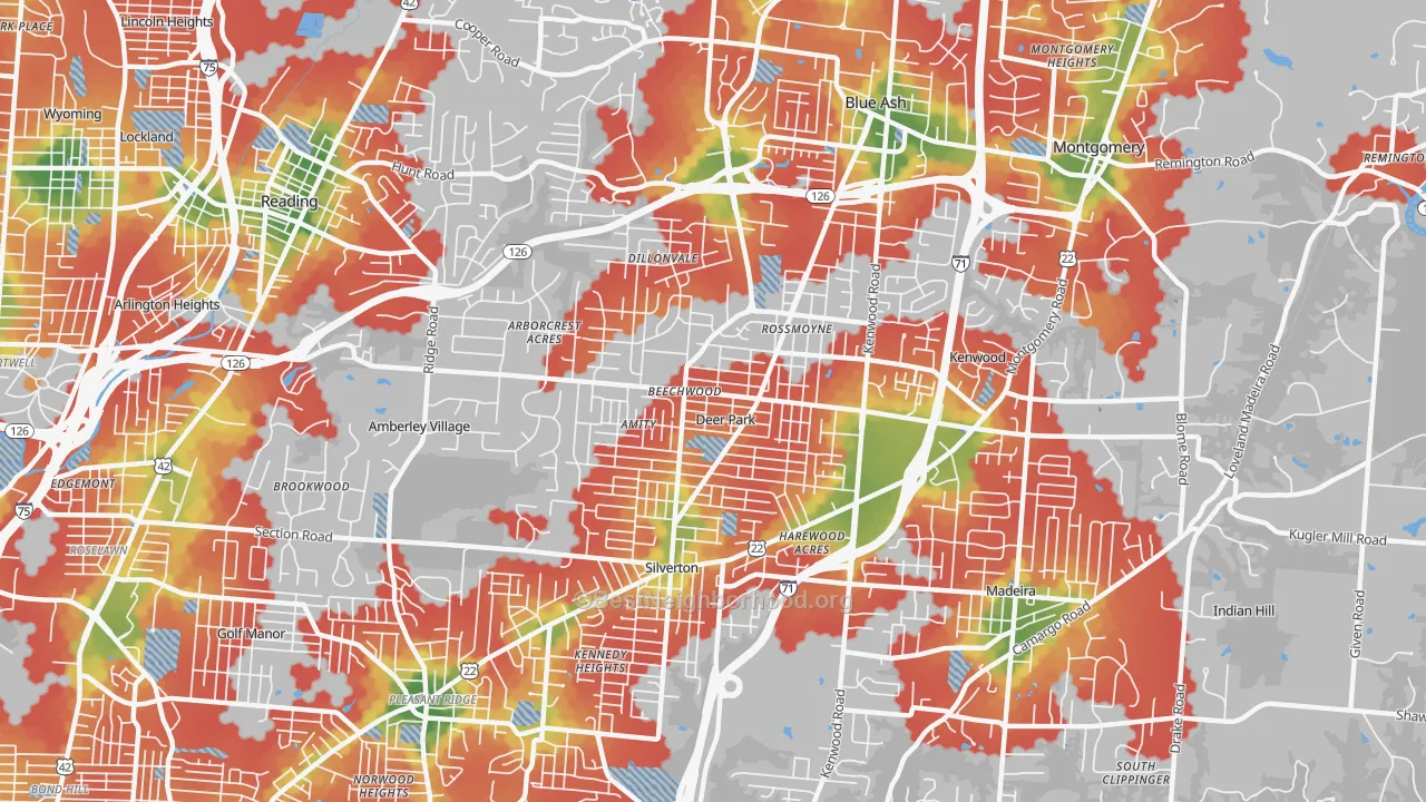 Walk Grade map of 45236, OH, walkable areas in green and car-dependent areas in red
