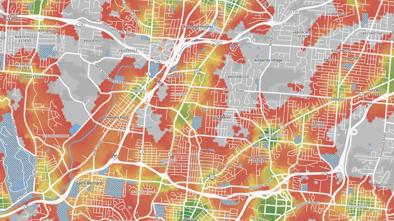 Walk Grade map of 45237, OH, walkable areas in green and car-dependent areas in red