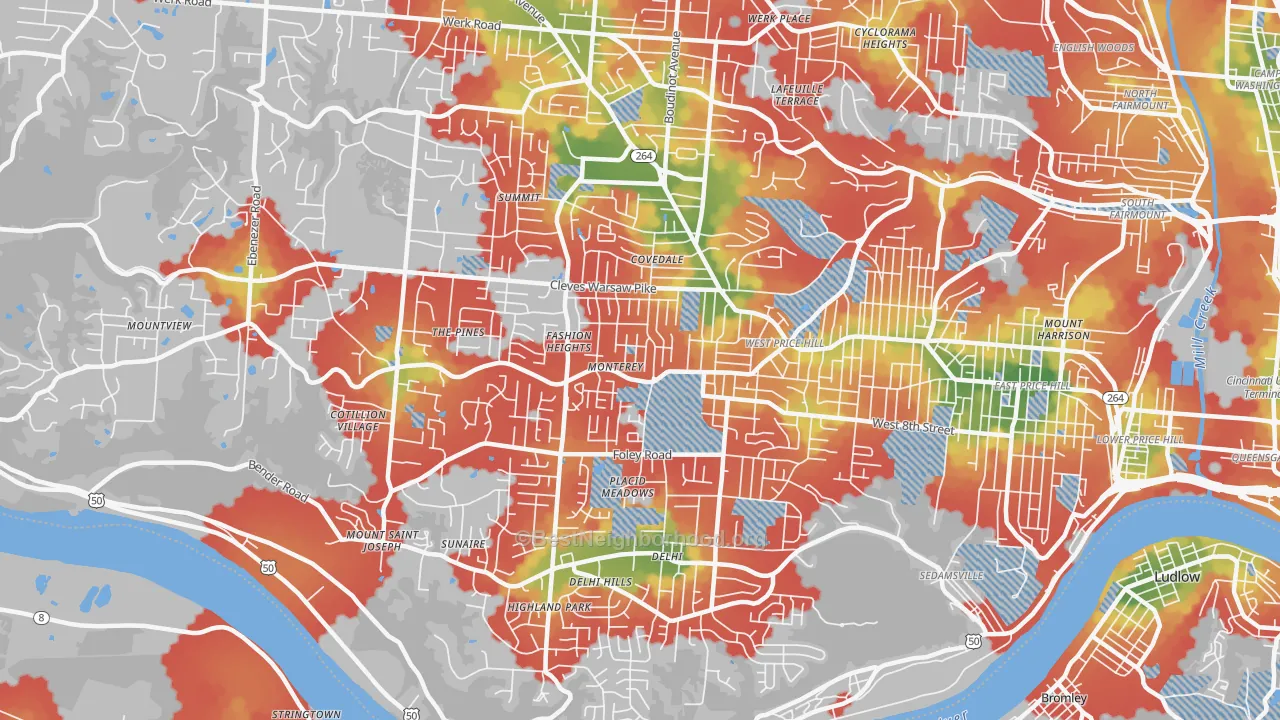 Walk Grade map of 45238, OH, walkable areas in green and car-dependent areas in red