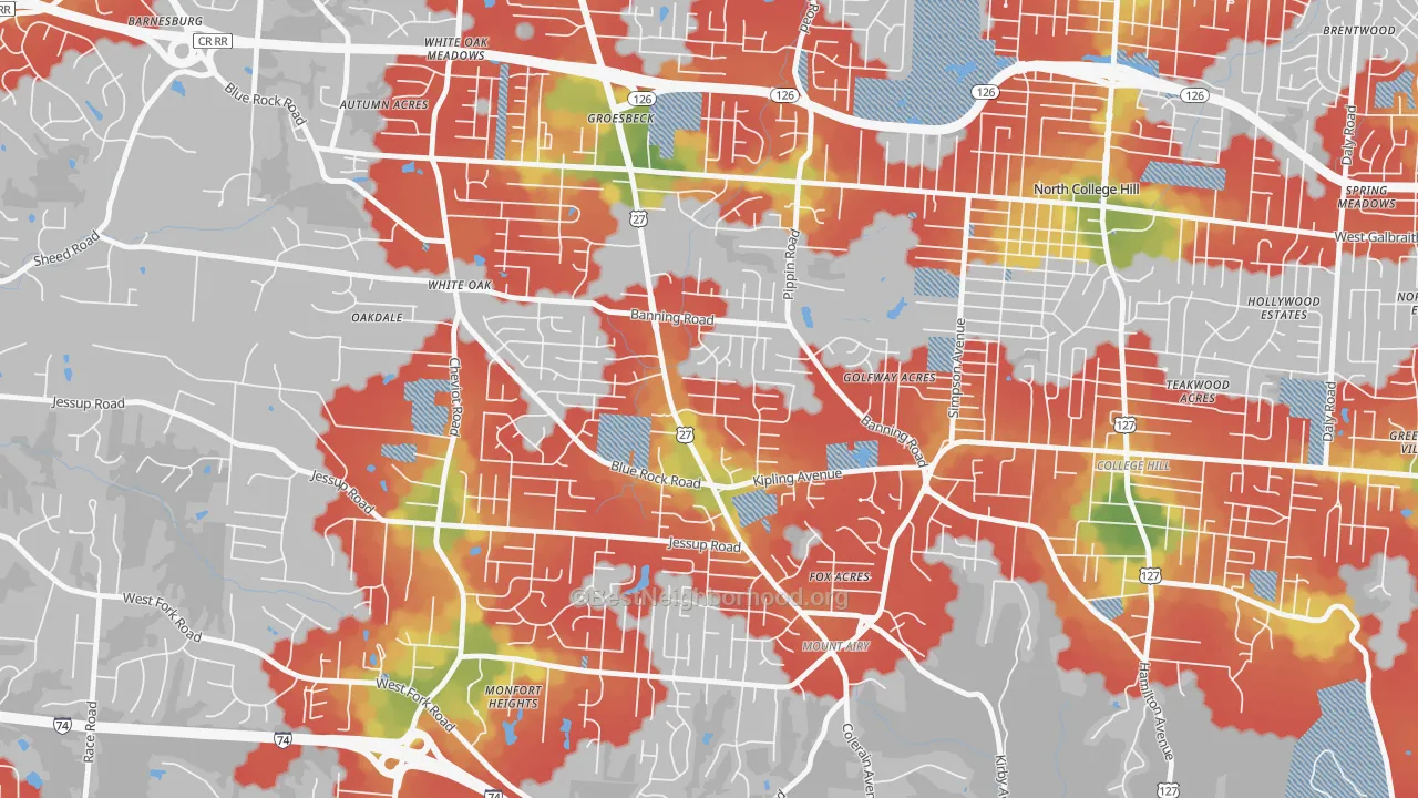 Walk Grade map of 45239, OH, walkable areas in green and car-dependent areas in red