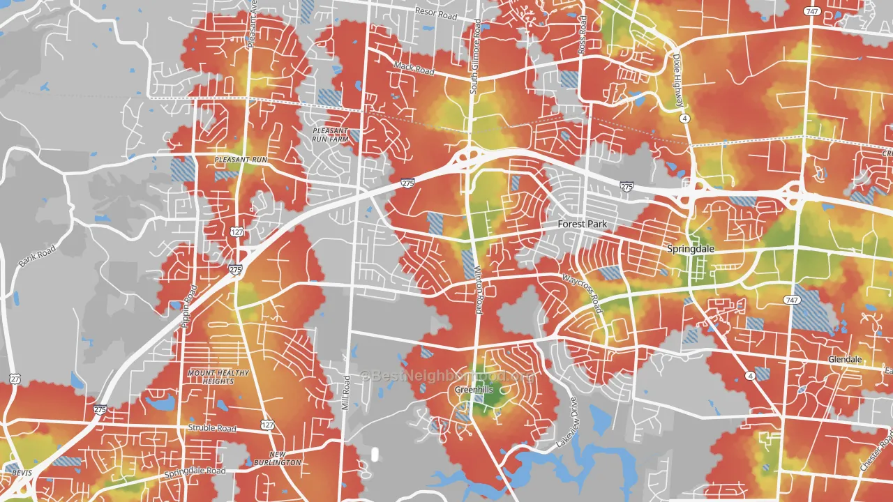 Walk Grade map of 45240, OH, walkable areas in green and car-dependent areas in red