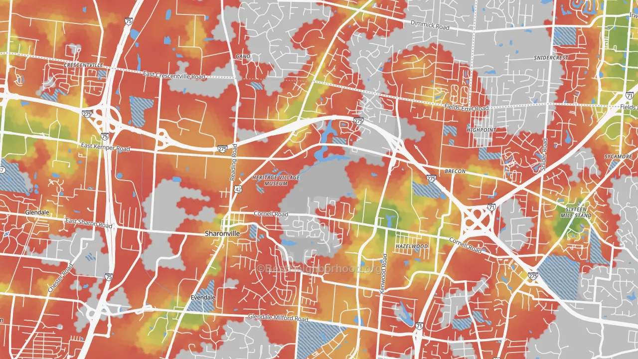 Walk Grade map of 45241, OH, walkable areas in green and car-dependent areas in red