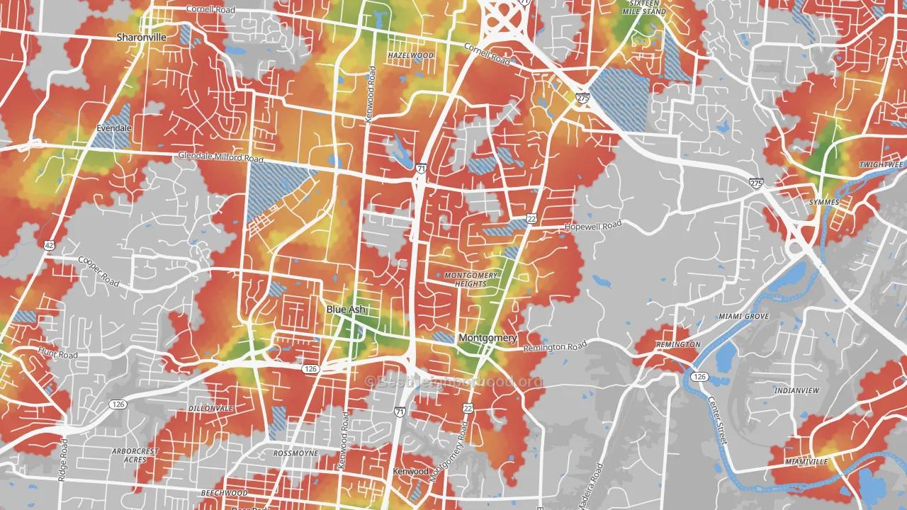 Walk Grade map of 45242, OH, walkable areas in green and car-dependent areas in red